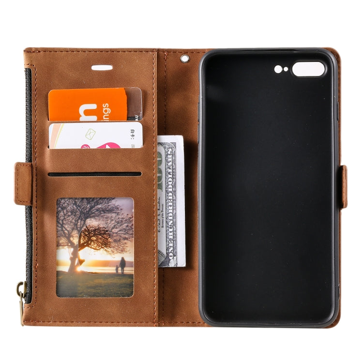 Side Zipper Back Card Horizontal Flip PU Leather Case with Card Slots & Wallet & Photo Frame & Lanyard For iPhone 8 Plus / 7 Plus