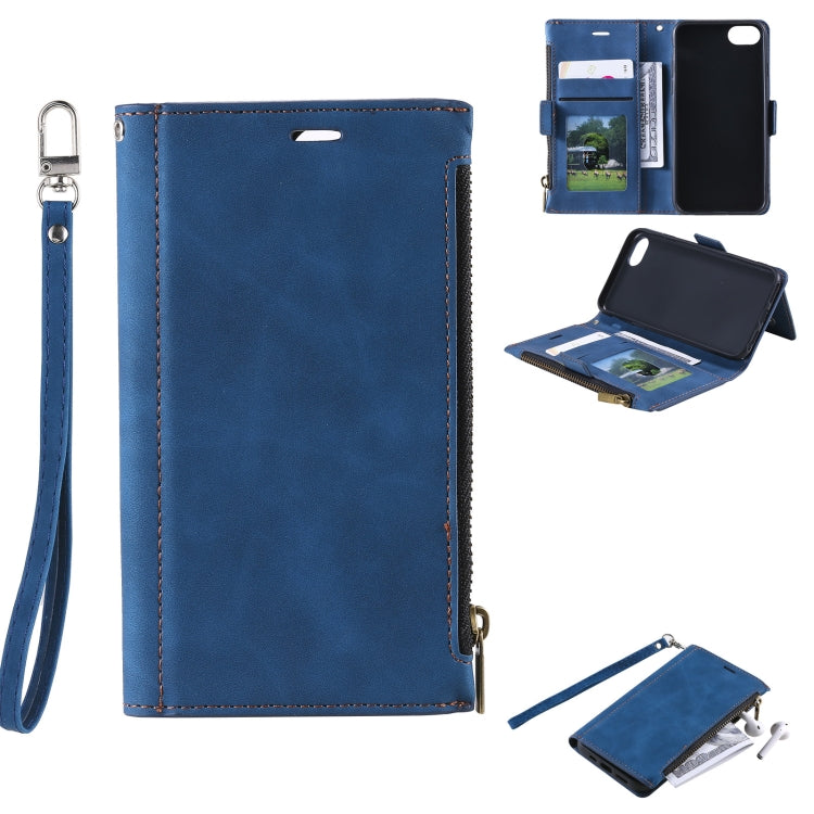 For iPhone SE 2022 / SE 2020 / 8 / 7 Side Zipper Back Card Horizontal Flip PU Leather Case with Card Slots & Wallet & Photo Frame & Lanyard