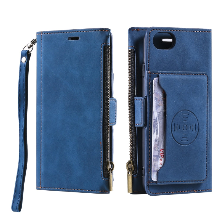 For iPhone SE 2022 / SE 2020 / 8 / 7 Side Zipper Back Card Horizontal Flip PU Leather Case with Card Slots & Wallet & Photo Frame & Lanyard