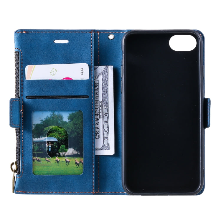 For iPhone SE 2022 / SE 2020 / 8 / 7 Side Zipper Back Card Horizontal Flip PU Leather Case with Card Slots & Wallet & Photo Frame & Lanyard