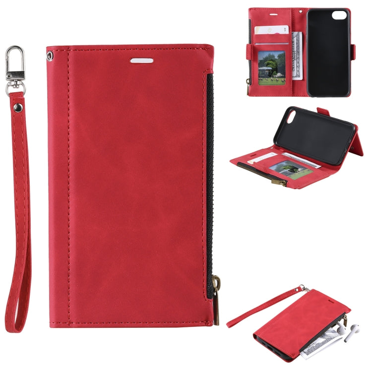 For iPhone SE 2022 / SE 2020 / 8 / 7 Side Zipper Back Card Horizontal Flip PU Leather Case with Card Slots & Wallet & Photo Frame & Lanyard