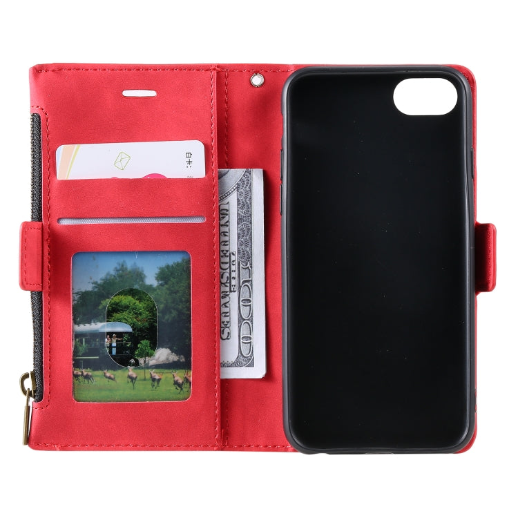 For iPhone SE 2022 / SE 2020 / 8 / 7 Side Zipper Back Card Horizontal Flip PU Leather Case with Card Slots & Wallet & Photo Frame & Lanyard
