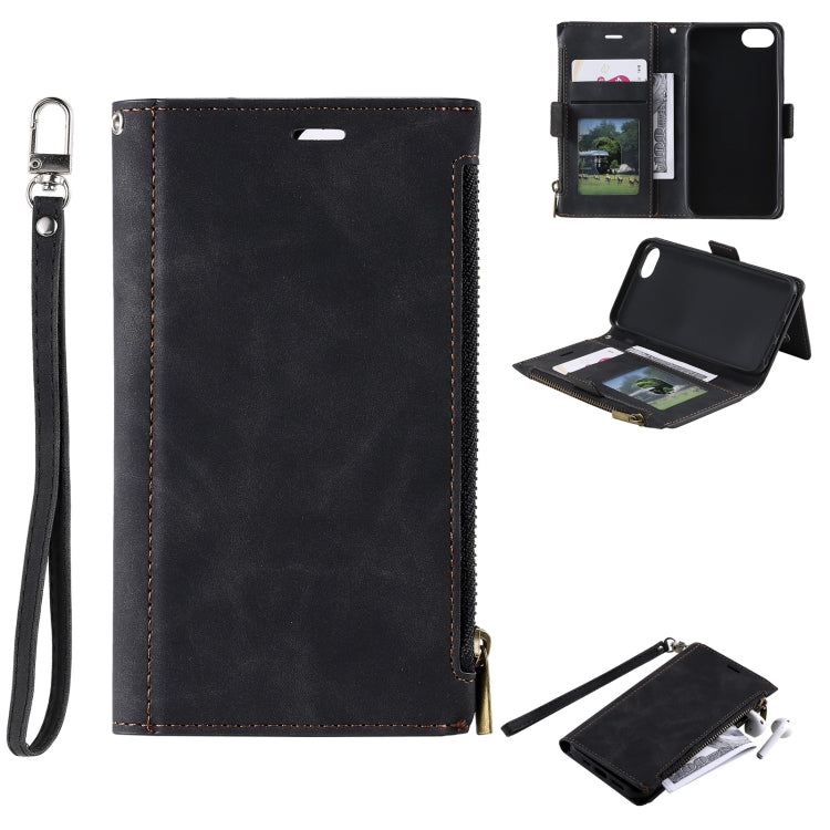 For iPhone SE 2022 / SE 2020 / 8 / 7 Side Zipper Back Card Horizontal Flip PU Leather Case with Card Slots & Wallet & Photo Frame & Lanyard
