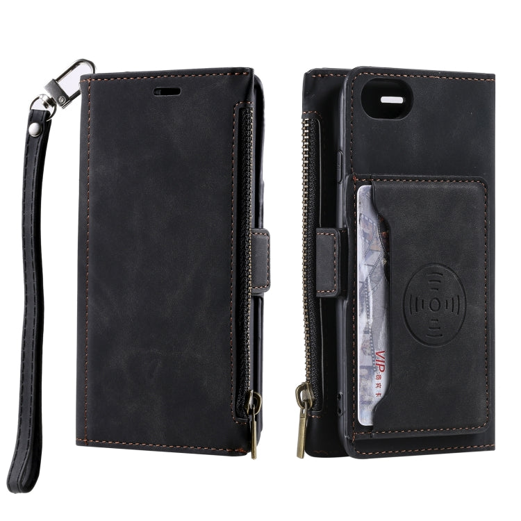 For iPhone SE 2022 / SE 2020 / 8 / 7 Side Zipper Back Card Horizontal Flip PU Leather Case with Card Slots & Wallet & Photo Frame & Lanyard