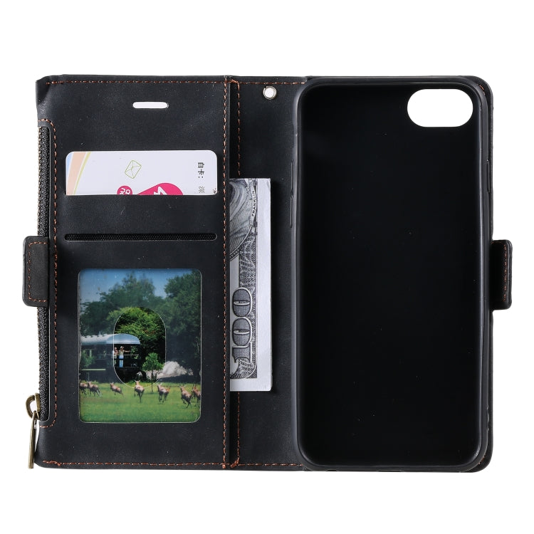 For iPhone SE 2022 / SE 2020 / 8 / 7 Side Zipper Back Card Horizontal Flip PU Leather Case with Card Slots & Wallet & Photo Frame & Lanyard