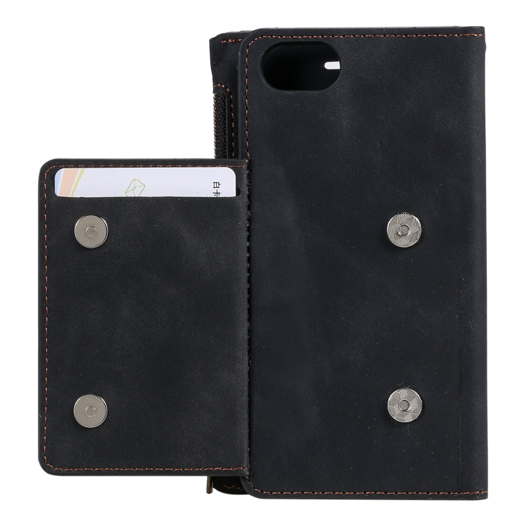 For iPhone SE 2022 / SE 2020 / 8 / 7 Side Zipper Back Card Horizontal Flip PU Leather Case with Card Slots & Wallet & Photo Frame & Lanyard