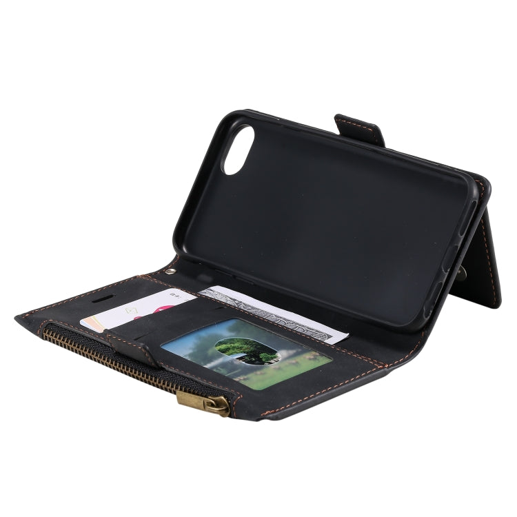For iPhone SE 2022 / SE 2020 / 8 / 7 Side Zipper Back Card Horizontal Flip PU Leather Case with Card Slots & Wallet & Photo Frame & Lanyard