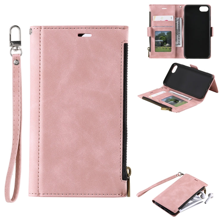 For iPhone SE 2022 / SE 2020 / 8 / 7 Side Zipper Back Card Horizontal Flip PU Leather Case with Card Slots & Wallet & Photo Frame & Lanyard