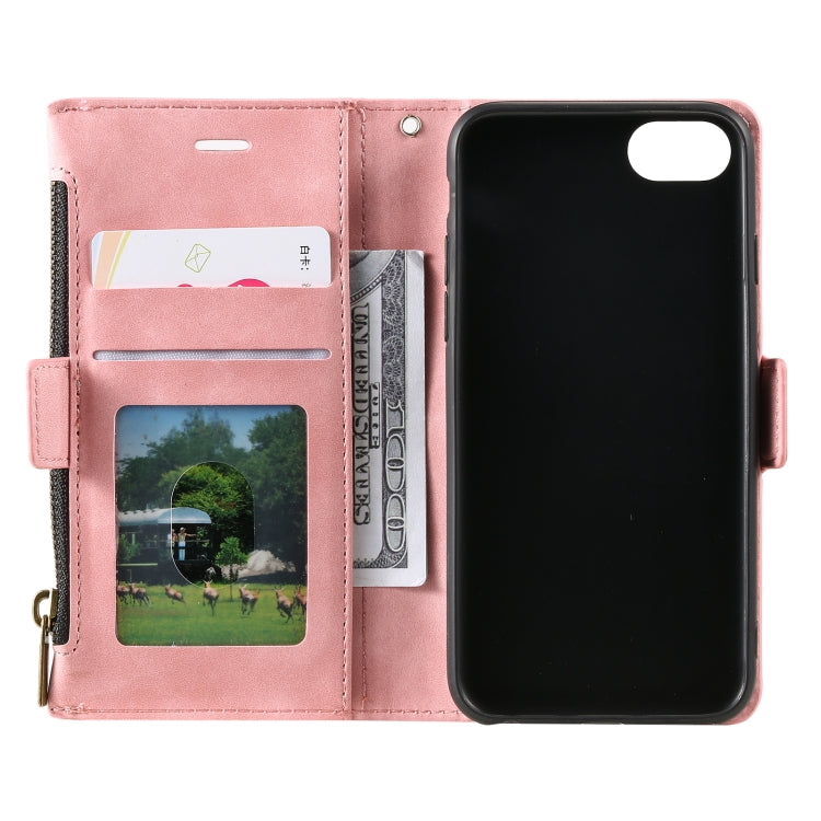 For iPhone SE 2022 / SE 2020 / 8 / 7 Side Zipper Back Card Horizontal Flip PU Leather Case with Card Slots & Wallet & Photo Frame & Lanyard
