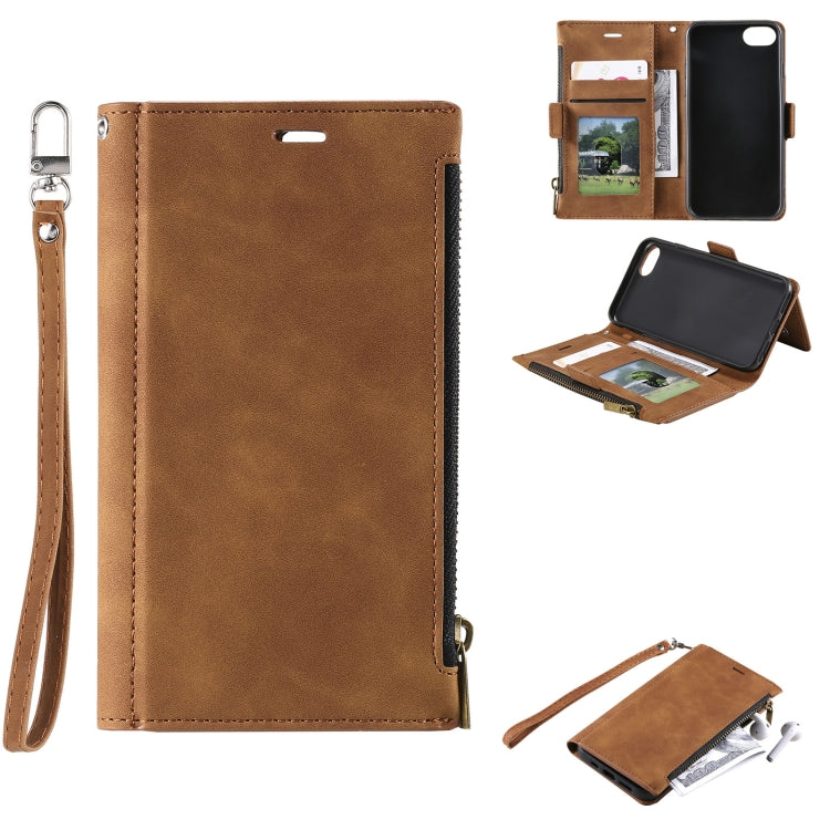 For iPhone SE 2022 / SE 2020 / 8 / 7 Side Zipper Back Card Horizontal Flip PU Leather Case with Card Slots & Wallet & Photo Frame & Lanyard