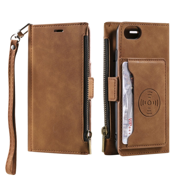 For iPhone SE 2022 / SE 2020 / 8 / 7 Side Zipper Back Card Horizontal Flip PU Leather Case with Card Slots & Wallet & Photo Frame & Lanyard