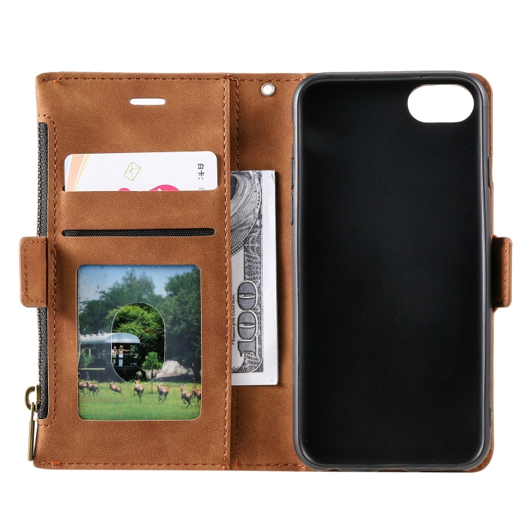 For iPhone SE 2022 / SE 2020 / 8 / 7 Side Zipper Back Card Horizontal Flip PU Leather Case with Card Slots & Wallet & Photo Frame & Lanyard