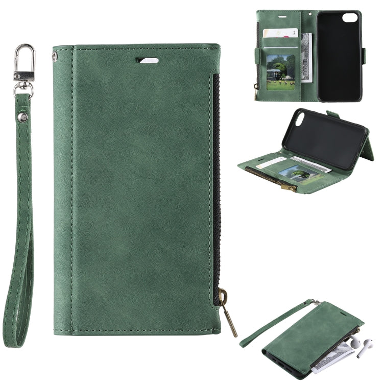 For iPhone SE 2022 / SE 2020 / 8 / 7 Side Zipper Back Card Horizontal Flip PU Leather Case with Card Slots & Wallet & Photo Frame & Lanyard