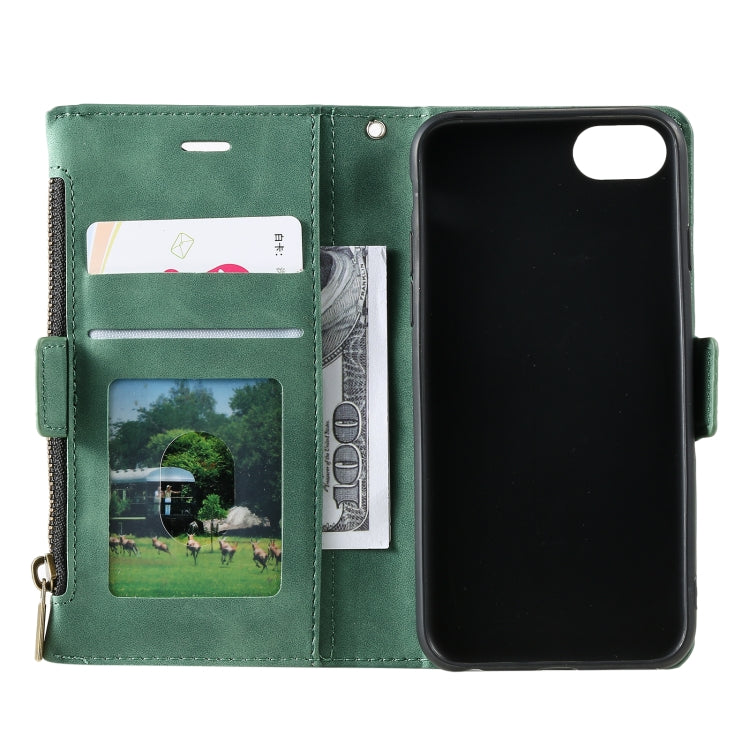 For iPhone SE 2022 / SE 2020 / 8 / 7 Side Zipper Back Card Horizontal Flip PU Leather Case with Card Slots & Wallet & Photo Frame & Lanyard