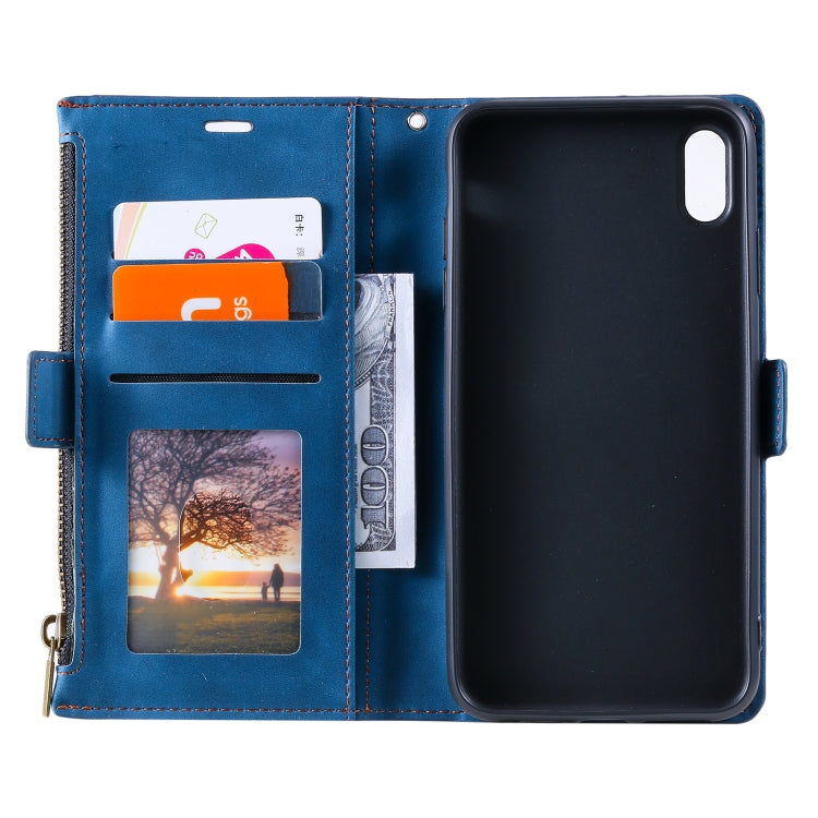 For iPhone XS Max Side Zipper Back Card Horizontal Flip PU Leather Case with Card Slots & Wallet & Photo Frame & Lanyard