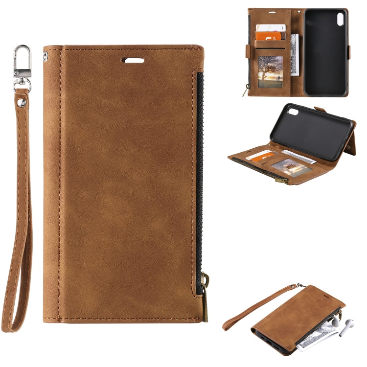 For iPhone XS Max Side Zipper Back Card Horizontal Flip PU Leather Case with Card Slots & Wallet & Photo Frame & Lanyard