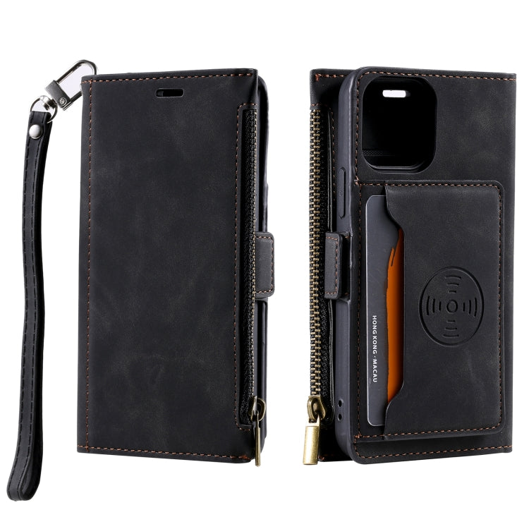 For iPhone 13 mini Side Zipper Back Card Horizontal Flip PU Leather Case with Card Slots & Wallet & Photo Frame & Lanyard