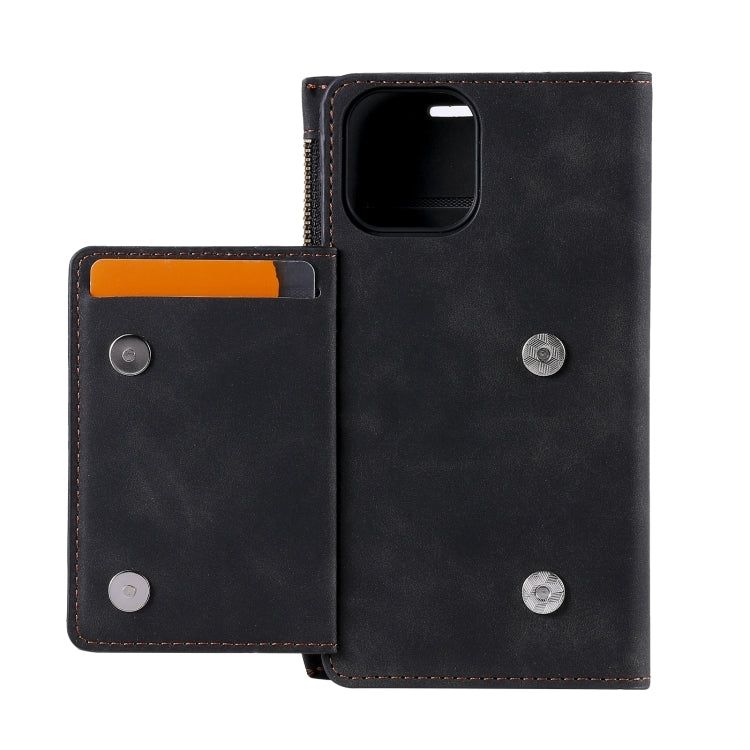 For iPhone 13 mini Side Zipper Back Card Horizontal Flip PU Leather Case with Card Slots & Wallet & Photo Frame & Lanyard