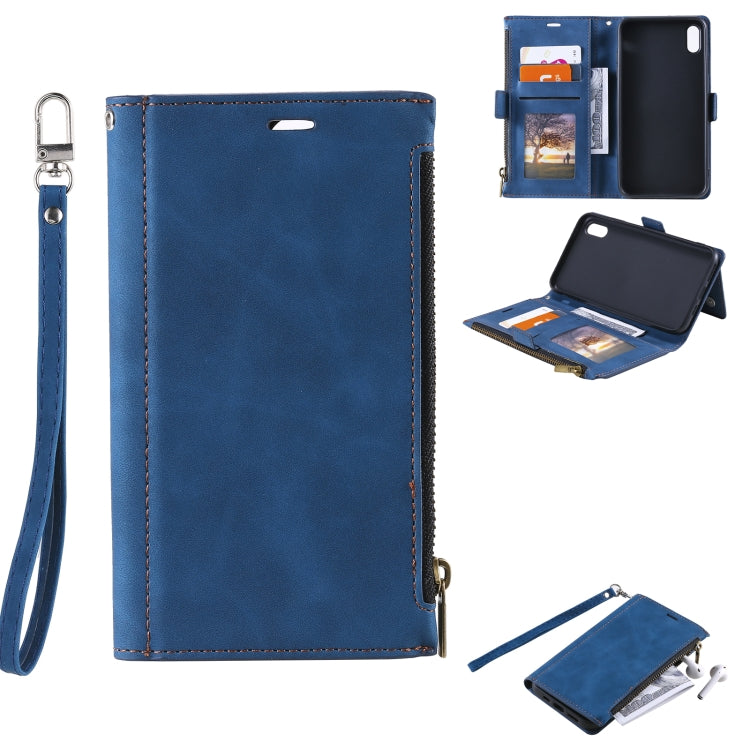 For iPhone X / XS Side Zipper Back Card Horizontal Flip PU Leather Case with Card Slots & Wallet & Photo Frame & Lanyard