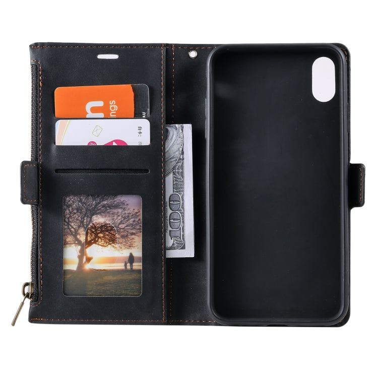 For iPhone X / XS Side Zipper Back Card Horizontal Flip PU Leather Case with Card Slots & Wallet & Photo Frame & Lanyard