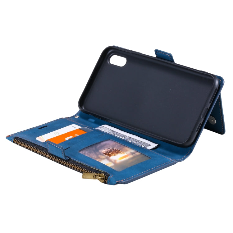 For iPhone XR Side Zipper Back Card Horizontal Flip PU Leather Case with Card Slots & Wallet & Photo Frame & Lanyard