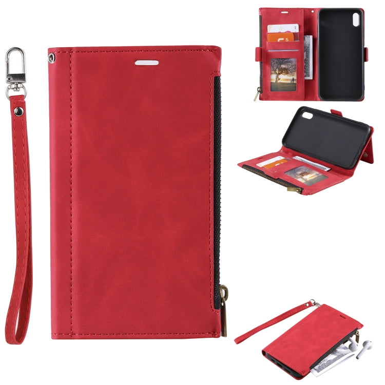 For iPhone XR Side Zipper Back Card Horizontal Flip PU Leather Case with Card Slots & Wallet & Photo Frame & Lanyard