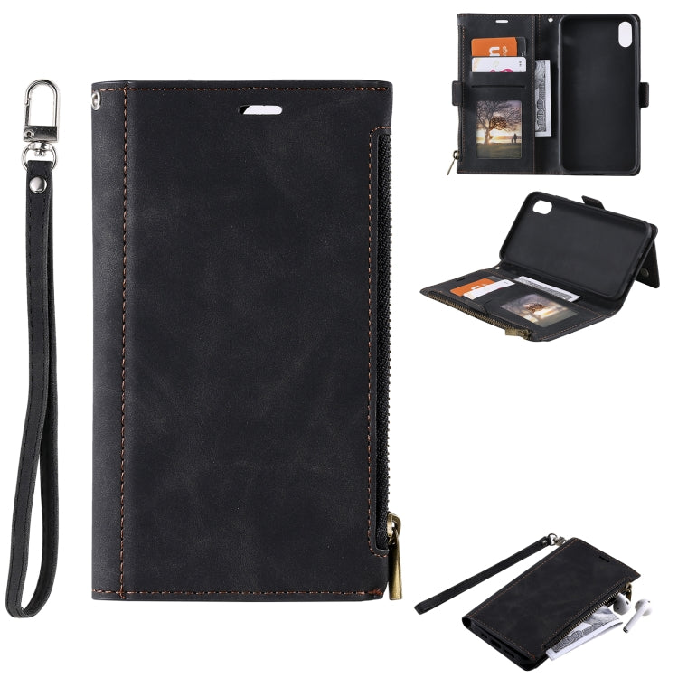 For iPhone XR Side Zipper Back Card Horizontal Flip PU Leather Case with Card Slots & Wallet & Photo Frame & Lanyard