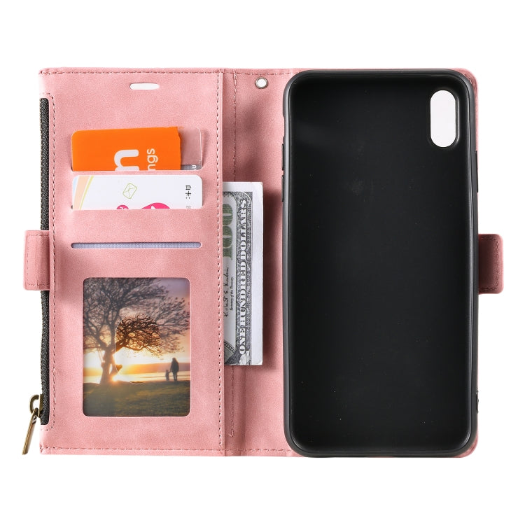 For iPhone XR Side Zipper Back Card Horizontal Flip PU Leather Case with Card Slots & Wallet & Photo Frame & Lanyard