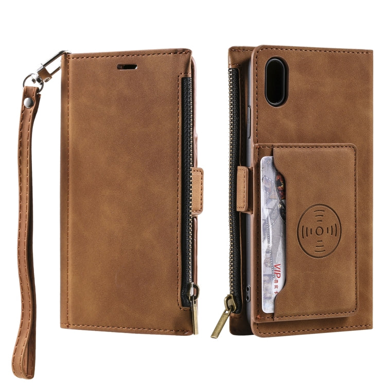 For iPhone XR Side Zipper Back Card Horizontal Flip PU Leather Case with Card Slots & Wallet & Photo Frame & Lanyard