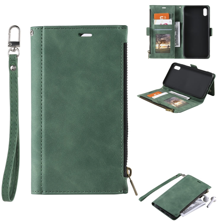 For iPhone XR Side Zipper Back Card Horizontal Flip PU Leather Case with Card Slots & Wallet & Photo Frame & Lanyard