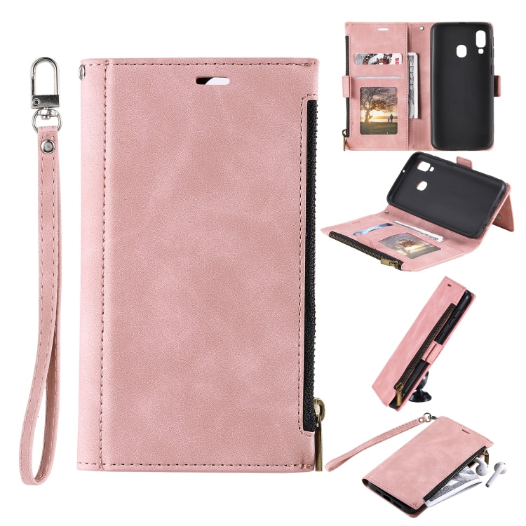 For Samsung Galaxy A20e Side Zipper Back Card Horizontal Flip PU Leather Case with Card Slots & Wallet & Photo Frame & Lanyard