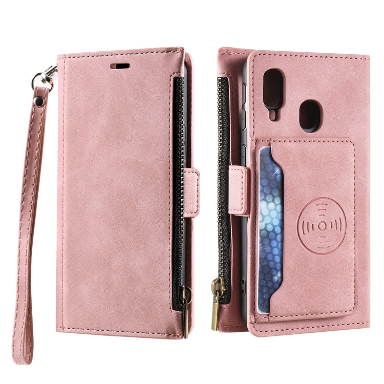 For Samsung Galaxy A20e Side Zipper Back Card Horizontal Flip PU Leather Case with Card Slots & Wallet & Photo Frame & Lanyard