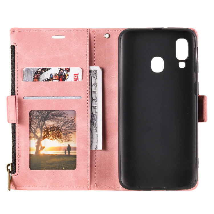 For Samsung Galaxy A20e Side Zipper Back Card Horizontal Flip PU Leather Case with Card Slots & Wallet & Photo Frame & Lanyard