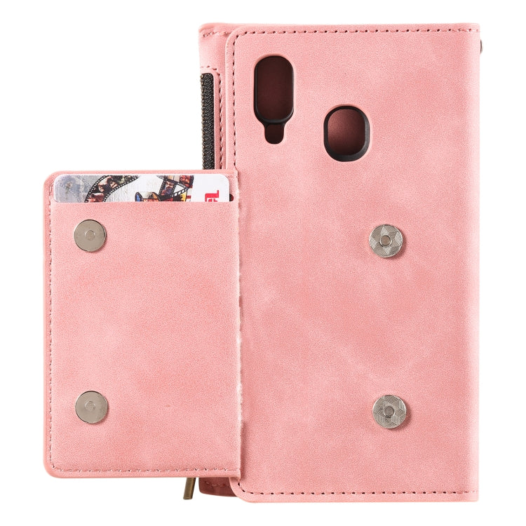 For Samsung Galaxy A20e Side Zipper Back Card Horizontal Flip PU Leather Case with Card Slots & Wallet & Photo Frame & Lanyard