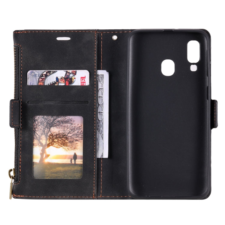 For Samsung Galaxy A20e Side Zipper Back Card Horizontal Flip PU Leather Case with Card Slots & Wallet & Photo Frame & Lanyard