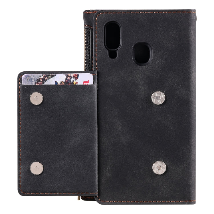 For Samsung Galaxy A20e Side Zipper Back Card Horizontal Flip PU Leather Case with Card Slots & Wallet & Photo Frame & Lanyard