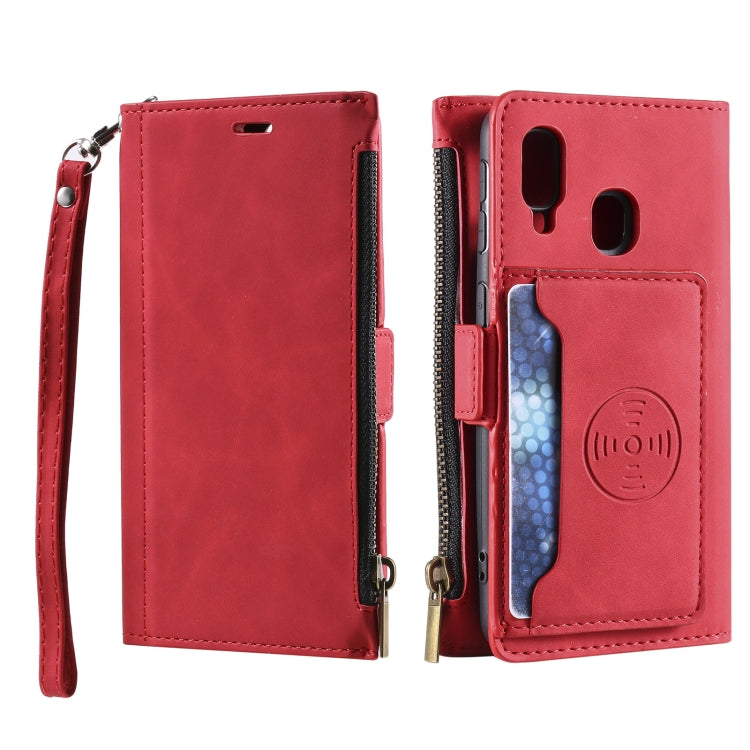 For Samsung Galaxy A20e Side Zipper Back Card Horizontal Flip PU Leather Case with Card Slots & Wallet & Photo Frame & Lanyard