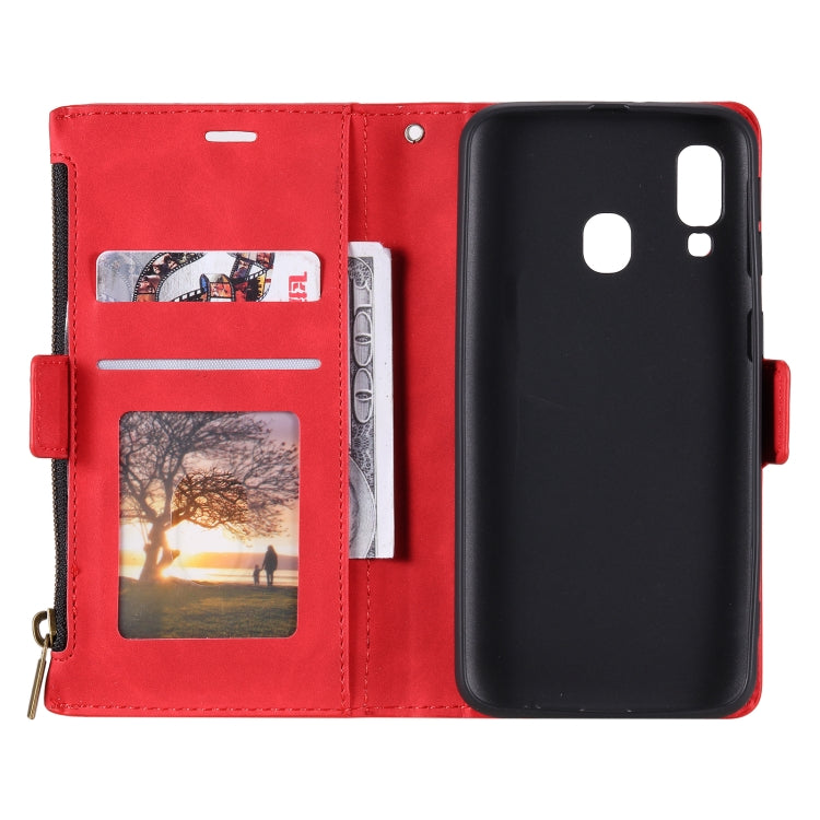 For Samsung Galaxy A20e Side Zipper Back Card Horizontal Flip PU Leather Case with Card Slots & Wallet & Photo Frame & Lanyard