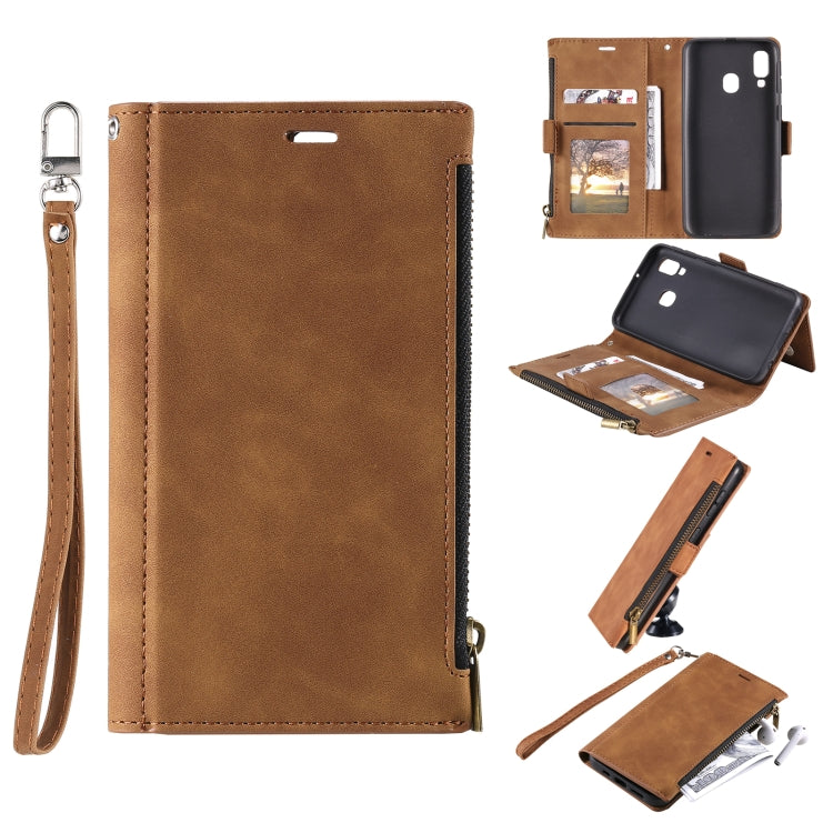 For Samsung Galaxy A20e Side Zipper Back Card Horizontal Flip PU Leather Case with Card Slots & Wallet & Photo Frame & Lanyard