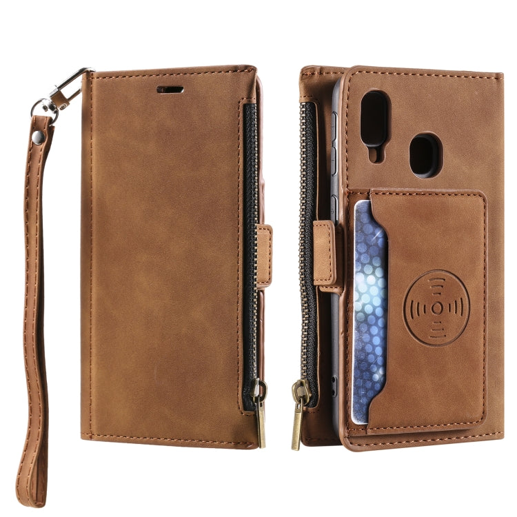 For Samsung Galaxy A20e Side Zipper Back Card Horizontal Flip PU Leather Case with Card Slots & Wallet & Photo Frame & Lanyard