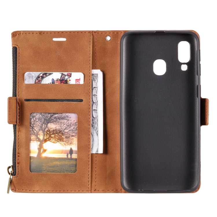 For Samsung Galaxy A20e Side Zipper Back Card Horizontal Flip PU Leather Case with Card Slots & Wallet & Photo Frame & Lanyard