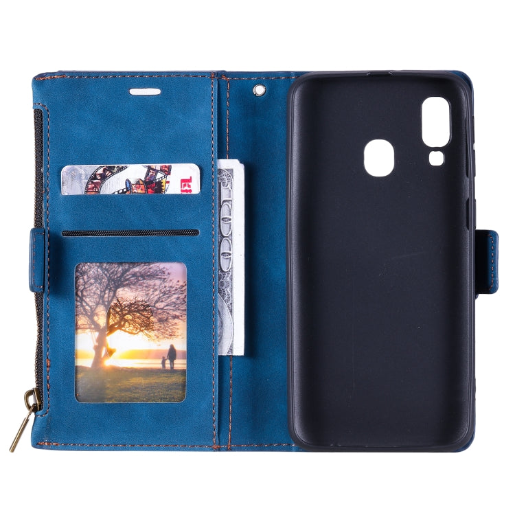 For Samsung Galaxy A20e Side Zipper Back Card Horizontal Flip PU Leather Case with Card Slots & Wallet & Photo Frame & Lanyard