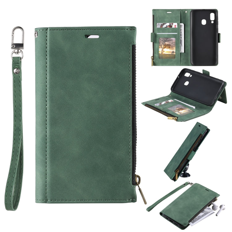 For Samsung Galaxy A20e Side Zipper Back Card Horizontal Flip PU Leather Case with Card Slots & Wallet & Photo Frame & Lanyard