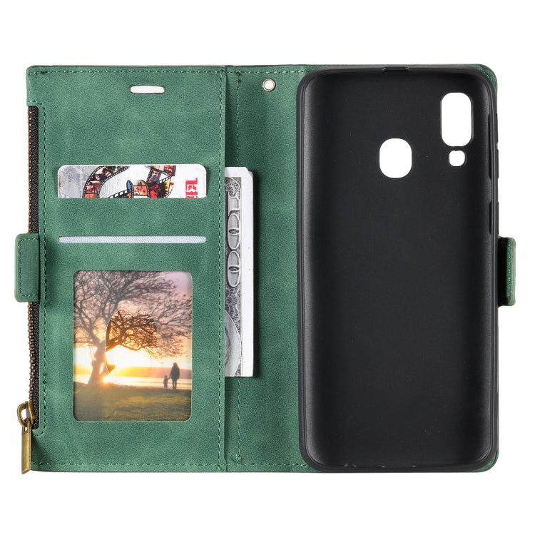 For Samsung Galaxy A20e Side Zipper Back Card Horizontal Flip PU Leather Case with Card Slots & Wallet & Photo Frame & Lanyard