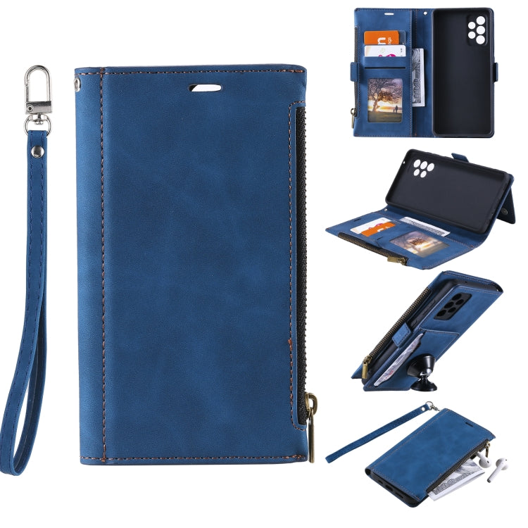 For Samsung Galaxy A32 4G Side Zipper Back Card Horizontal Flip PU Leather Case with Card Slots & Wallet & Photo Frame & Lanyard