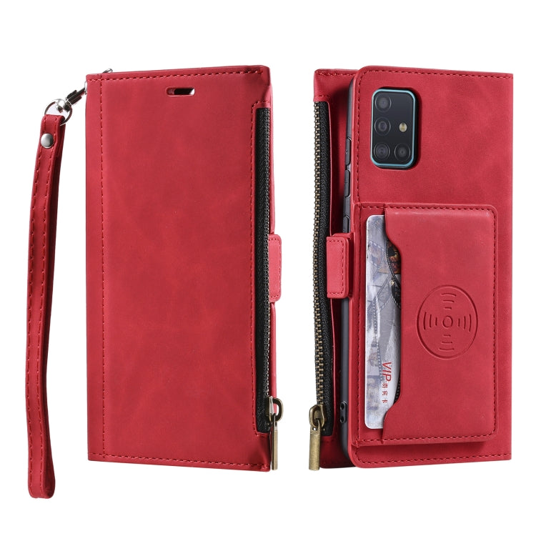 For Samsung Galaxy A41 Side Zipper Back Card Horizontal Flip PU Leather Case with Card Slots & Wallet & Photo Frame & Lanyard