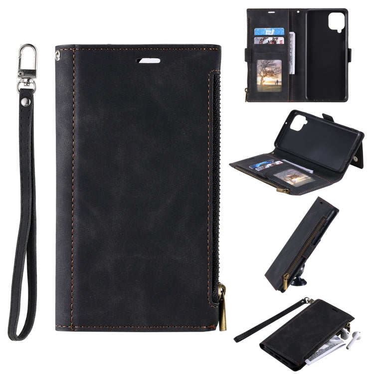 For Samsung Galaxy A42 5G Side Zipper Back Card Horizontal Flip PU Leather Case with Card Slots & Wallet & Photo Frame & Lanyard