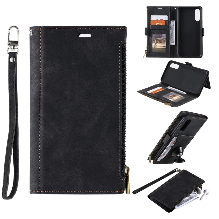 For Samsung Galaxy A50s Side Zipper Back Card Horizontal Flip PU Leather Case with Card Slots & Wallet & Photo Frame & Lanyard