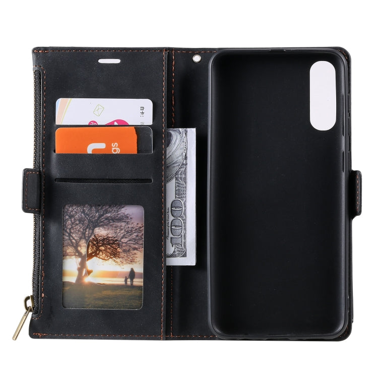 For Samsung Galaxy A50s Side Zipper Back Card Horizontal Flip PU Leather Case with Card Slots & Wallet & Photo Frame & Lanyard