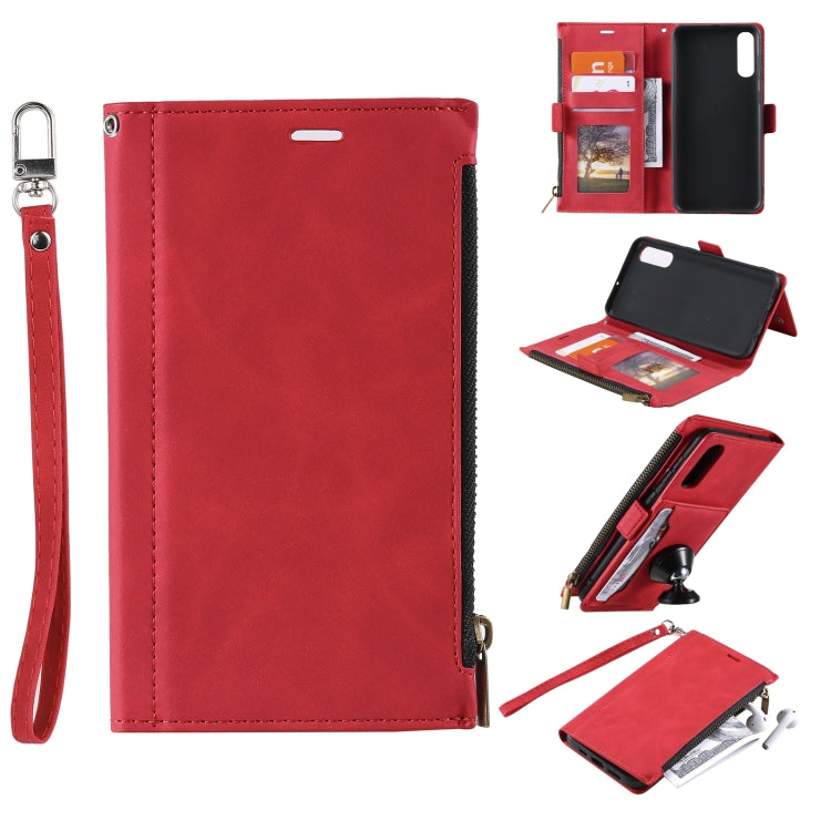 For Samsung Galaxy A50s Side Zipper Back Card Horizontal Flip PU Leather Case with Card Slots & Wallet & Photo Frame & Lanyard